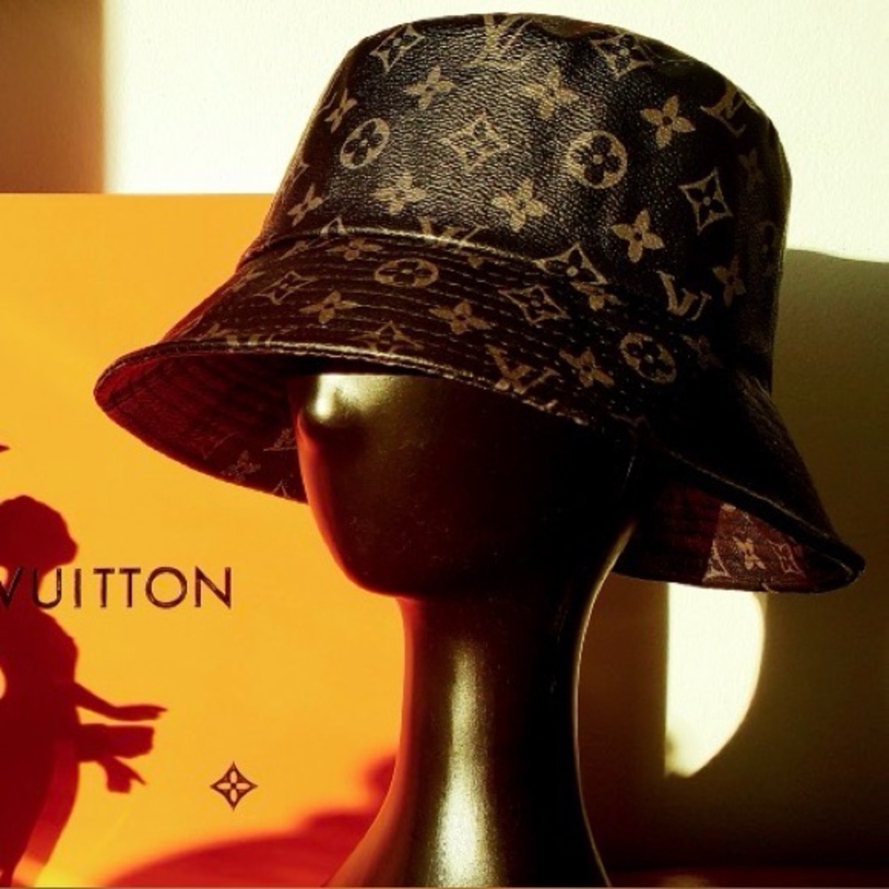 Leather Monogram Black Gray Bucket Hat Calf Skin jacquard Unisex - Picture 4 of 11